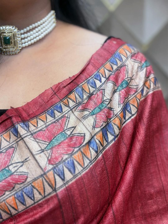 RED TASSAR HANDPAINTED MADHUBANI SILK SAREE